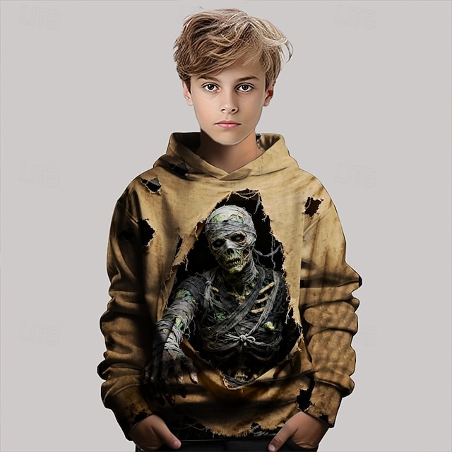  Halloween Pojkar 3D Dödskalle Huvtröja Långärmad Vår Höst Mode Streetwear Barn 4-12 år Huva Utomhus Ledigt Dagligen Normal