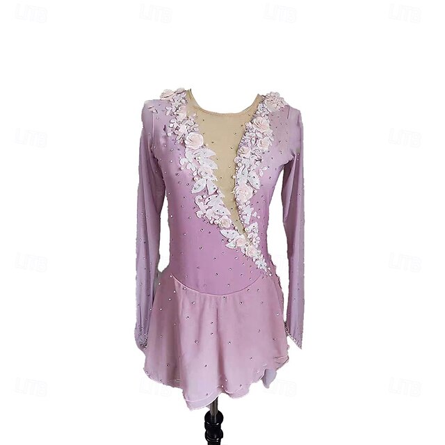 Figure Skating Dress Women's Girls' Ice Skating Dress Light Purple Patchwork Thumbhole Spandex High Elasticity Training Professional Competition Skating Wear Classic Crystal / Rhinestone Long Sleeve3