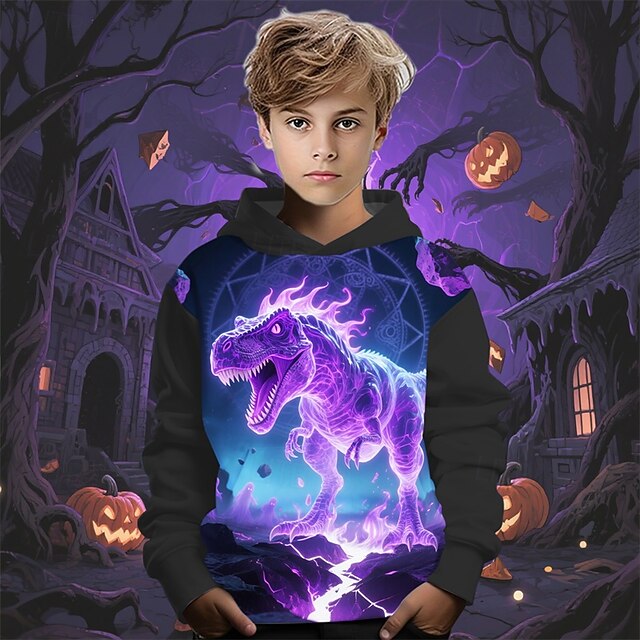 Halloween Boys' 3D Cartoon Dinosaur Hoodie Long Sleeve Spring Fall Fashion Streetwear Kids 4-12 Years Hooded Outdoor Casual Daily Regular Fit4