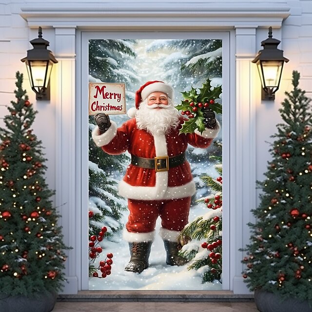 Christmas Door Cover, Classic Santa Holding North Pole Sign Door Curtain, Vintage 2025 Xmas Entrance Banner for Holiday Party and Outdoor Home Decoration3