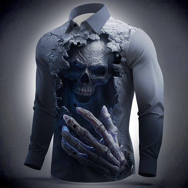 Halloween Men's Skull Grim Reaper Horror Shirt Button Up Shirt Long Sleeve Dark Punk Gothic Style Outdoor Holiday Summer Spring Turndown 3D Print Collared Shirts Blue4