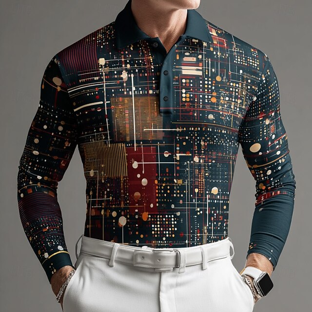 Men's Geometric Polo Long Sleeve Polo Shirts Lapel Business Casual Outdoor Street Athleisure Daily Wear 3D Print Buttons Spring Fall Winter Dark Green4