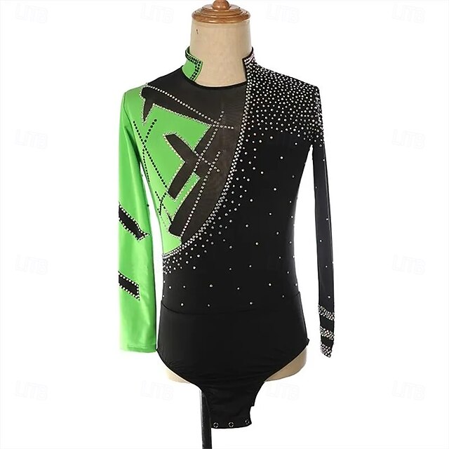 Figure Skating Top Men's Boys' Ice Skating Tops Black Green Patchwork Spandex High Elasticity Training Competition Skating Wear Classic Crystal / Rhinestone Long Sleeve Ice Skating Figure Skating4
