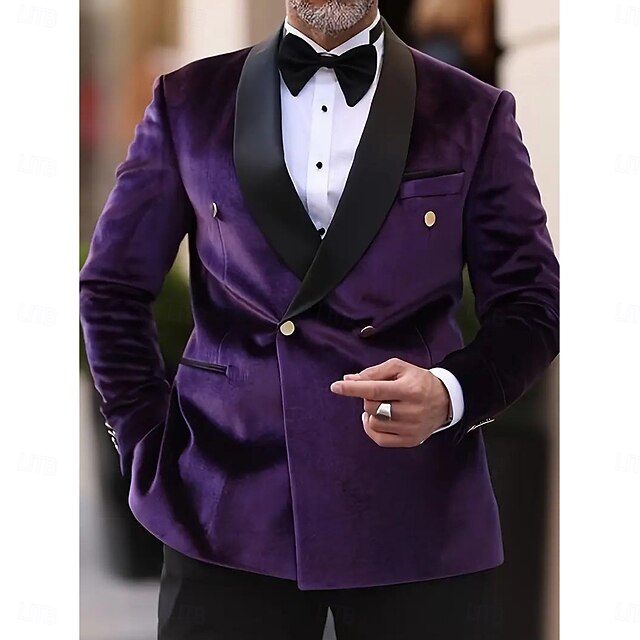 Men's Blazer Jacket Shawl Collar Fashion Solid Colored Blazer Purple Tailored Fit Double Breasted Four-buttons4