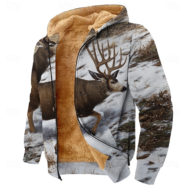  Per uomo Mimetico Cervo Pile Felpa con Cappuccio Giacca di pelle Classico Militare Girocollo All'aperto Campeggio Marrone Grigio Con zip Autunno Inverno progettista