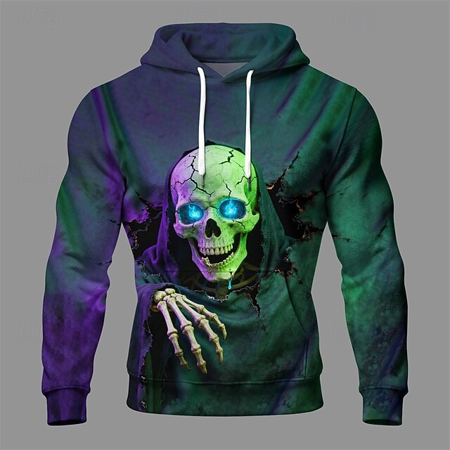 Halloween Men's Skull Hoodie Fashion Daily Hooded Vacation Party Streetwear Dark Green Drawstring Pocket Printing Fall Winter Designer4