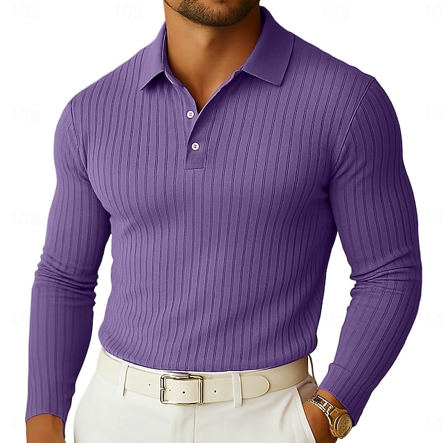  Herren Poloshirts Rippenstrick-Top Geschäft Lässig Gerippter Polokragen Langarm Mode Basic Einfarbig Vertikale Streifen Stricken Herbst Winter Ganzjahres Schmale Passform Hellblau Weiß Purpur Grün