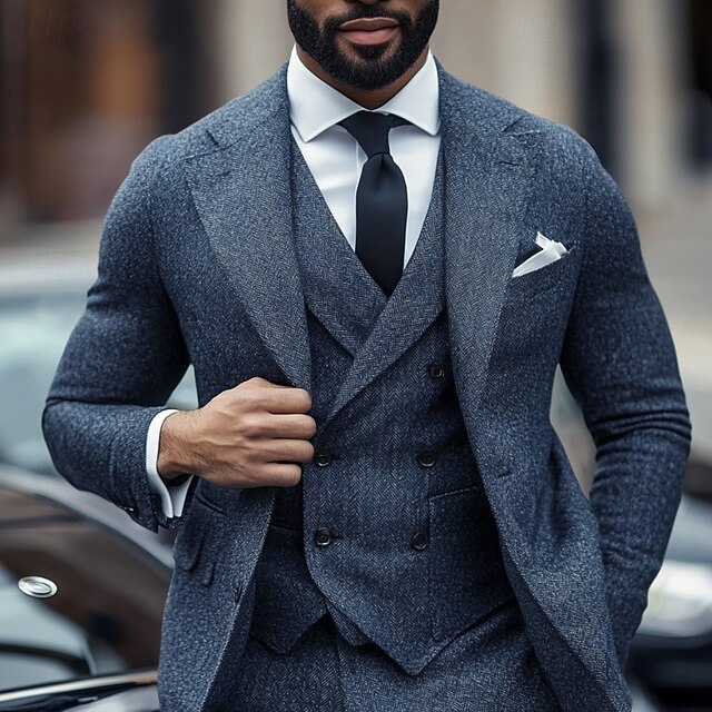 Men's Business Casual Tweed Suits Notch Lapel Dark Blue Formal Herringbone Slim Fit 3 Piece Single Breasted Two-buttons4