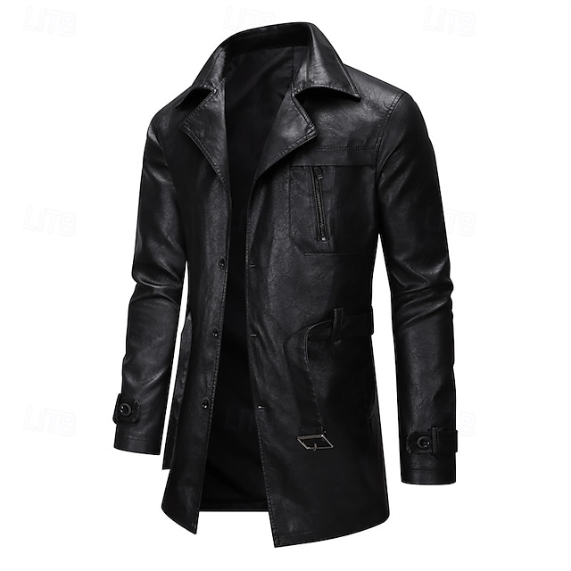  Herr Rock Trenchcoat Lång trenchcoat Semester Dagligen Vår Höst PU Läder Vindtät Ytterkläder Kläder Mode Klassisk Slät Ficka Kavajslag Enkelknäppt