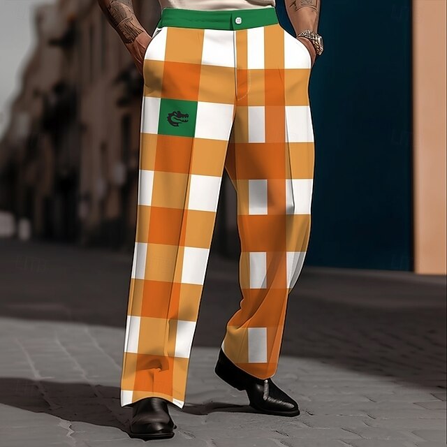 Men S Printed Dress Pants 2026.Men's Plaid Crocodile Grid Pattern Trousers Dress Pants Suit Pants Mid ...