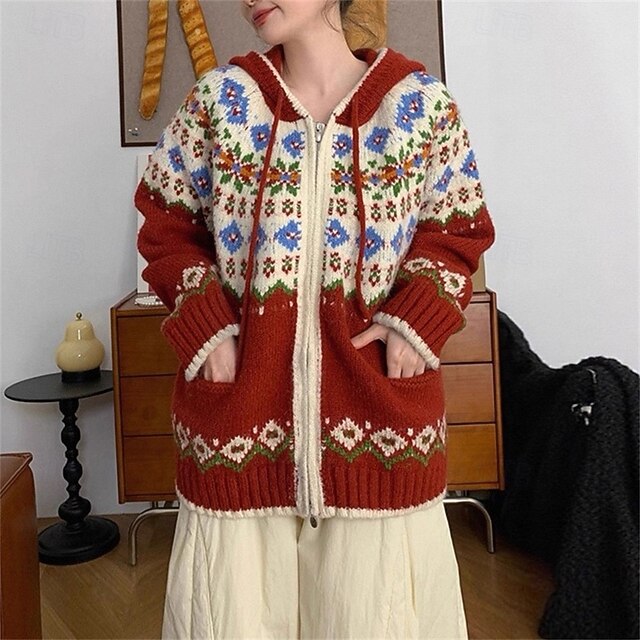 Women's Sweater Cardigan Fair Isle Sweater Fashion Casual Geometric Snowflakes Ribbed Hooded Zipper Knitted Print Long Sleeve Regular Tops Knit Christmas Outdoor Daily Red Fall Winter4