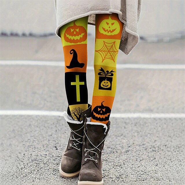 Women's Leggings Cozy Leggings Basic Casual Full Length High WaistPantsHalloween Pumpkin Printing Thermal Warm Comfortable Stretchy Vacation Casual Daily Orange Fall Winter Slim Fit4