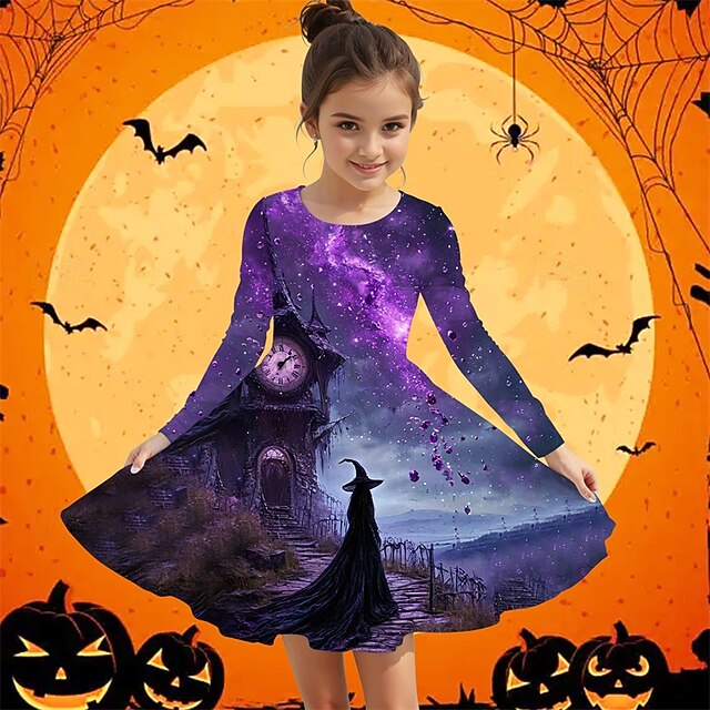 Halloween Girls' 3D Graphic Dress Long Sleeve Summer Spring Vacation Daily Holiday Princess Beautiful Sweet Kids 4-12 Years Casual Dress A Line Dress Knee-length Regular Fit4