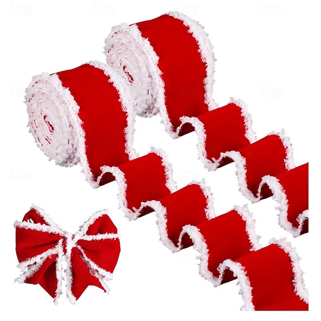  クリスマスリボン2ロール、赤と白のぼやけたエッジの装飾リボン（ツリーのリボン、DIYホリデークラフト、ギフトラッピング、クリスマスパーティーのデコレーション用）