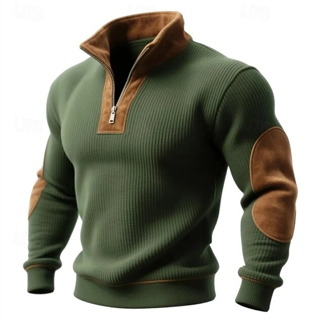 Men's Sweatshirt Corduroy Pullover Hoodie Sweatshirt Pullover Quarter Zip Sweatshirt Green Standing Collar Plain Patchwork Color Block Sports & Outdoor Casual Daily Streetwear Cool Sportswear Spring4