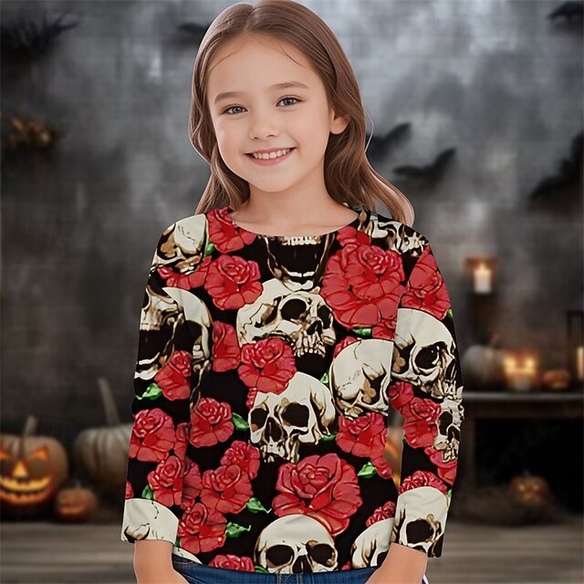 Halloween Girls' 3D Floral Skull T shirt Tee Long Sleeve Spring Fall Fashion Basic Kids 4-12 Years Crew Neck Outdoor Casual Daily Regular Fit4
