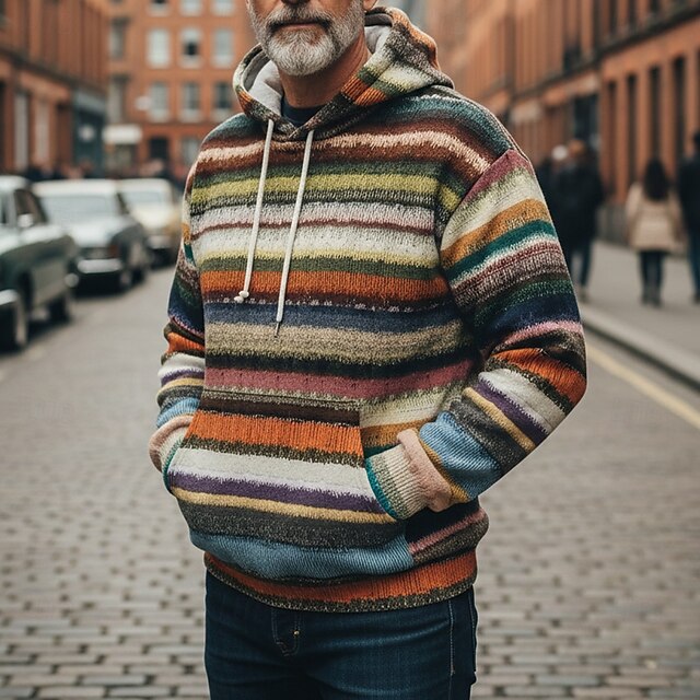 Christmas Men's Horizontal Stripes Hoodie Fashion Daily Hooded Vacation Party Streetwear Rainbow Printing Fall Winter Designer4