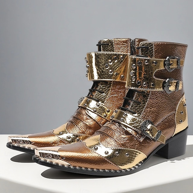  Bottines rétro punk pour homme – en cuir de vachette véritable marron avec rivets et brides à boucle, style rock gothique pour concerts, discothèques et mode moto