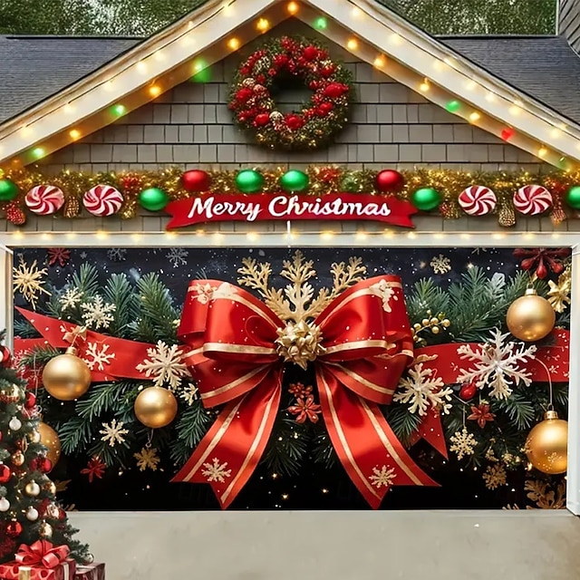  Housse de porte de garage de Noël 2025 Noël avec un grand nœud rouge et une guirlande de pins verts bannière de fond décorative pour le garage extérieur pendant les vacances d'hiver