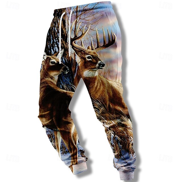 Men's Animal Reindeer Hunting Sweatpants Joggers Trousers Mid Waist Drawstring Elastic Waist Casual Vintage Retro Outdoor Camping & Hiking Hunting Athletic Sweatpants with Pockets Spring Fall 3D Print4