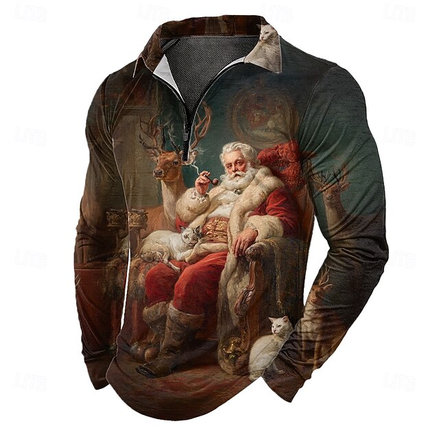 Christmas Men's Santa Claus Zip Polo Shirts Long Sleeve Polo Shirts Lapel Casual Outdoor Daily Wear Festival Outfit 3D Print Spring Fall Winter Dark Green4