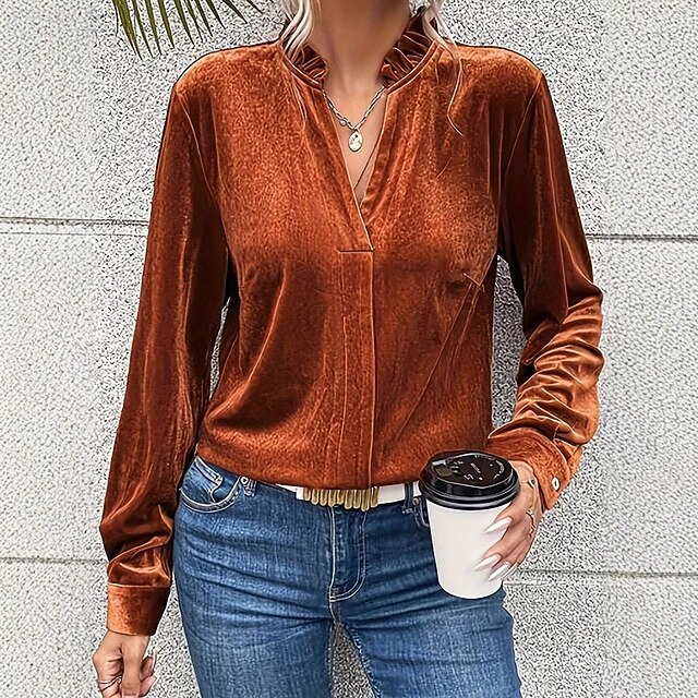 Women's Shirt Blouse Plain Stylish Business Long Sleeve V Neck Regular Tops Work Daily Holiday Ruched Ruffle Camel Spring Fall4