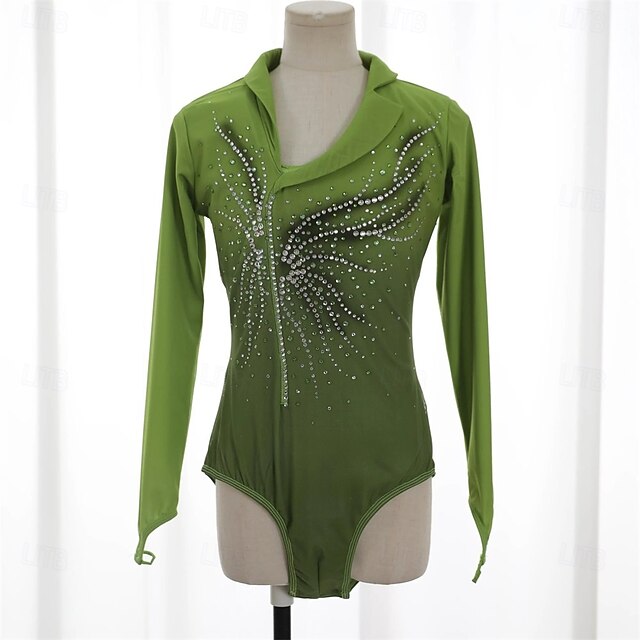 Figure Skating Top Men's Boys' Ice Skating Tops Army Green Patchwork Thumbhole Spandex High Elasticity Training Competition Skating Wear Classic Crystal / Rhinestone Long Sleeve Ice Skating Figure3