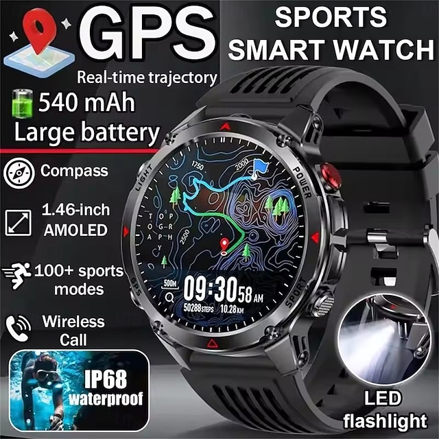  Reloj inteligente HT37 de 1,46 pulgadas, reloj inteligente militar con Bluetooth, llamadas, GPS integrado, brújula, altímetro barométrico, resistente al agua hasta 3 ATM, reloj inteligente deportivo.