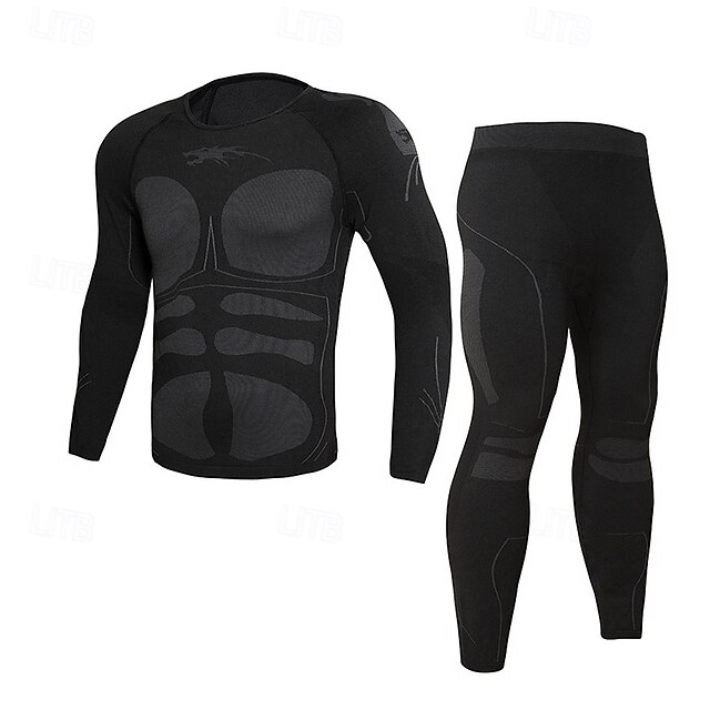 Men's Fleece Sports Base Layer 2 Piece Underwear Set Thick Solid Colored Clothing Suit Fall & Winter Black Gym Workout Running High Waist Windproof Warm Long Sleeve Sport Activewear Micro-elastic4