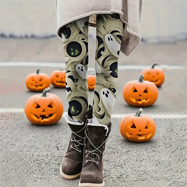 Women's Leggings Cozy Leggings Vacation Vintage Basic Full Length High WaistPantsHalloween Graphic Printing Thermal Warm Comfortable High Elasticity Vacation Casual Daily off-white Fall Winter Slim4