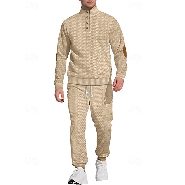  Men's Sweatshirt Tracksuit Outfit Set Stand Collar Outdoor Daily Sports Jacquard Drawstring Button Up Color Block Wine Red Black White Polyester Activewear Fashion Streetwear Spring