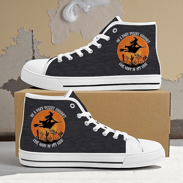  Damskie niebieskie, płócienne trampki za kostkę z nadrukiem czarownicy – codzienne buty na imprezę halloweenową