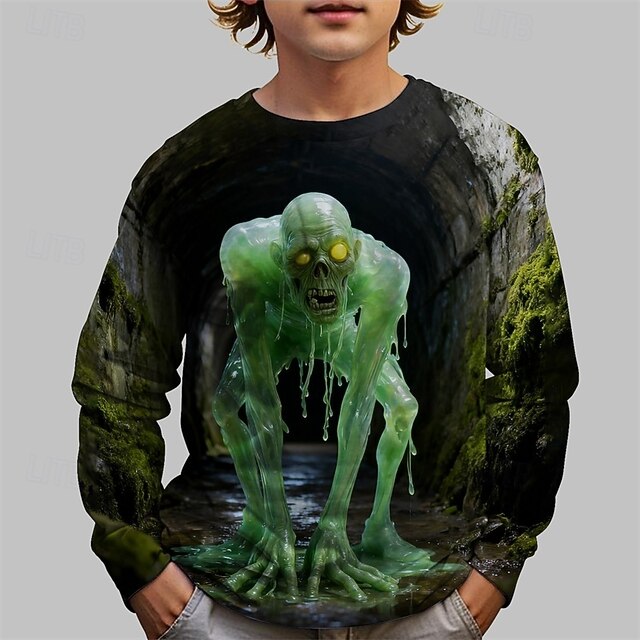 Boys' 3D Graphic Ghost T shirt Tee Long Sleeve Spring Fall Fashion Basic Kids 4-12 Years Crew Neck Outdoor Casual Daily Regular Fit4
