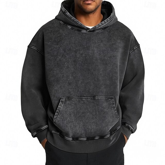 Men's Pullover Hoodie Sweatshirt Distressed Hoodie Fleece lined Hoodie Black Hooded Plain Pocket Oversized Casual Daily Going out Polyester Vintage Retro Casual Fall & Winter Clothing Apparel Hoodies3