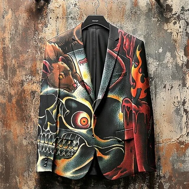 Men's Blazer Coat Halloween Casual Festival Casual Daily Fall / Winter 100% Polyester Skulls 3D Print Buttons Thermal Warm Comfortable Single Breasted Blazer Red4