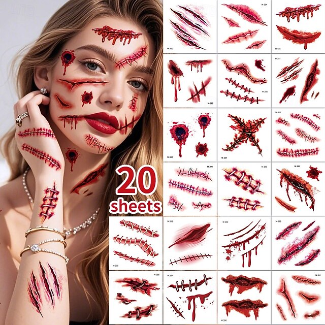 20pcs Halloween Funny & Scary Face Stickers for Adults Body and Facial Decorations Costume Party Pranks Spooky Face Stickers Costume Accessories Horror Makeup Gothic Decorations Easy Applicatio3