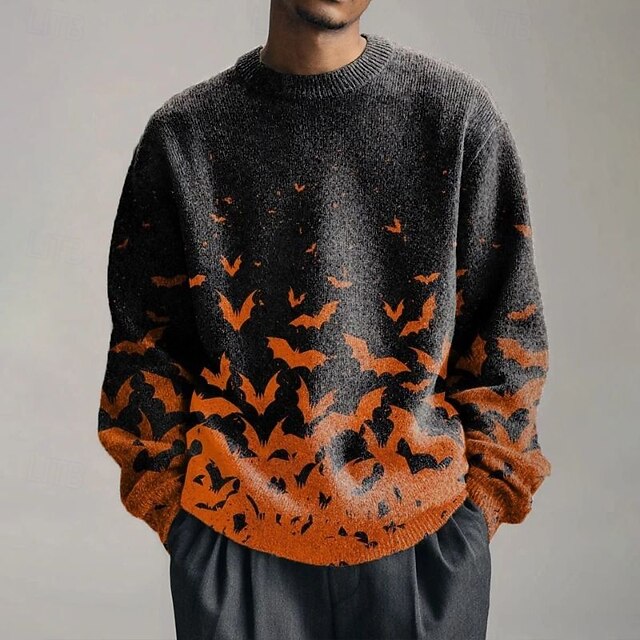 Men's Pullover Sweater Jumper Knit Sweater Ribbed Knit Regular Tops Knitted Print Bat Crew Neck Halloween Vacation Daily Wear Clothing Apparel Drop Shoulder Fall Winter Black S M L3