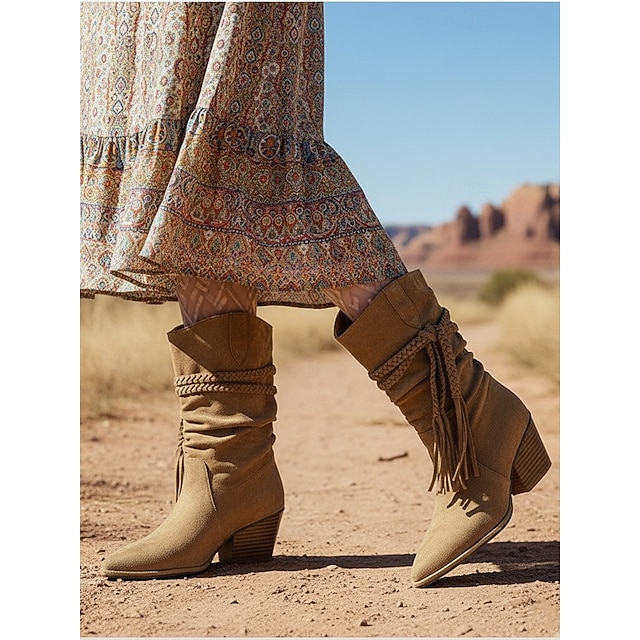  stivali da donna in pelle scamosciata bohémien a metà polpaccio con design a nappe intrecciate e tacco spesso - calzature casual in stile western retrò per feste e festival