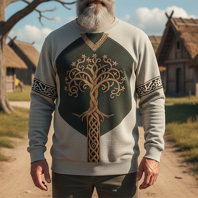  Herren Sweatshirt Blau Khaki Rundhalsausschnitt Baum des Lebens Yggdrasil Keltischer Knoten Druck Lässig Täglich Ferien Vintage Vikinger Herbst Winter Bekleidung Kapuzenpullover Sweatshirts