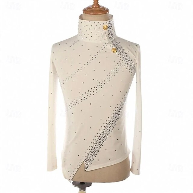 Figure Skating Top Men's Boys' Ice Skating Tops White Patchwork Spandex High Elasticity Training Competition Skating Wear Classic Crystal / Rhinestone Long Sleeve Ice Skating Figure Skating4