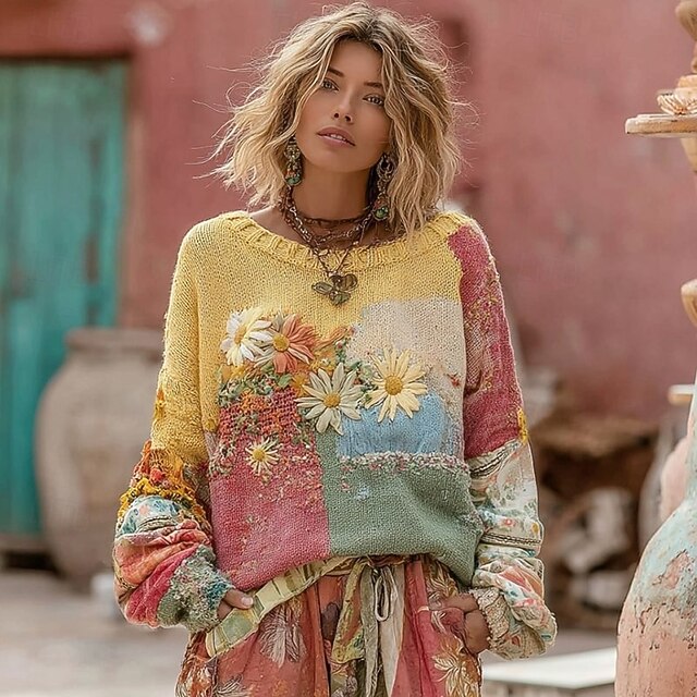 Women's Sweater Pullover Daily Casual Floral Ribbed Crew Neck Knitted Print Long Sleeve Regular Tops Knit Outdoor Weekend Yellow Fall Winter4