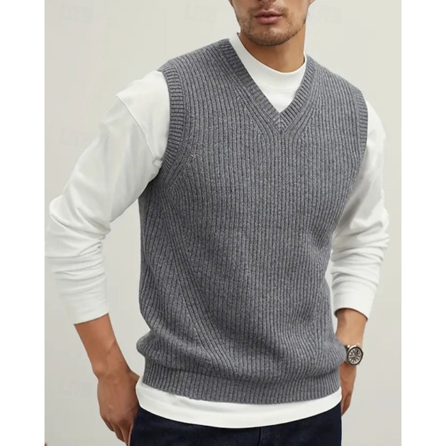  Men's Sweater Vest Dress Sweater Pullover Sweater Jumper Vest Knit Sweater Ribbed Knit Regular Tops Knitted Plain V Neck Fashion Casual Vacation Daily Wear Clothing Apparel Fall Winter Black Green S