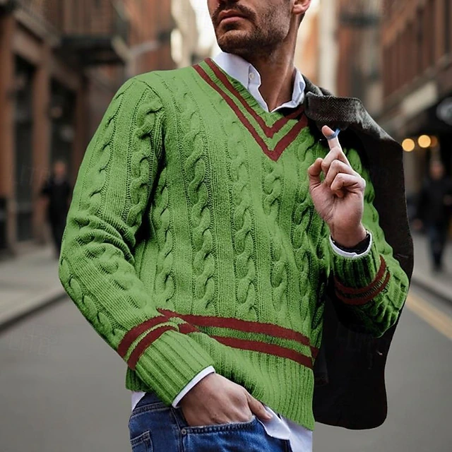 Men's Pullover Sweater Jumper Knit Sweater Ribbed Knit Regular Knitted Color Block V Neck Fashion Basic Daily Wear Date Clothing Apparel Fall & Winter White Yellow S M L 6