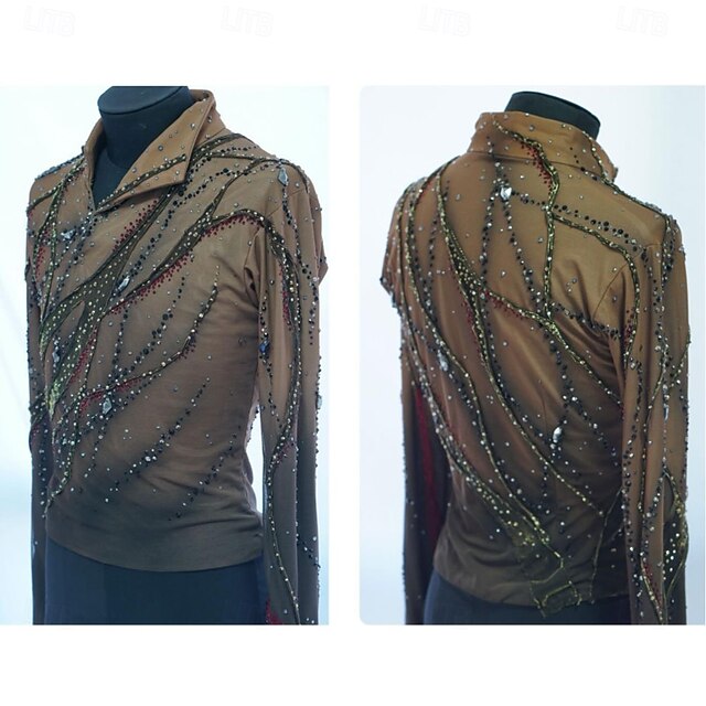 Figure Skating Top Men's Boys' Ice Skating Tops Black Yellow Patchwork Spandex High Elasticity Training Competition Skating Wear Classic Crystal / Rhinestone Long Sleeve Ice Skating Figure Skating3