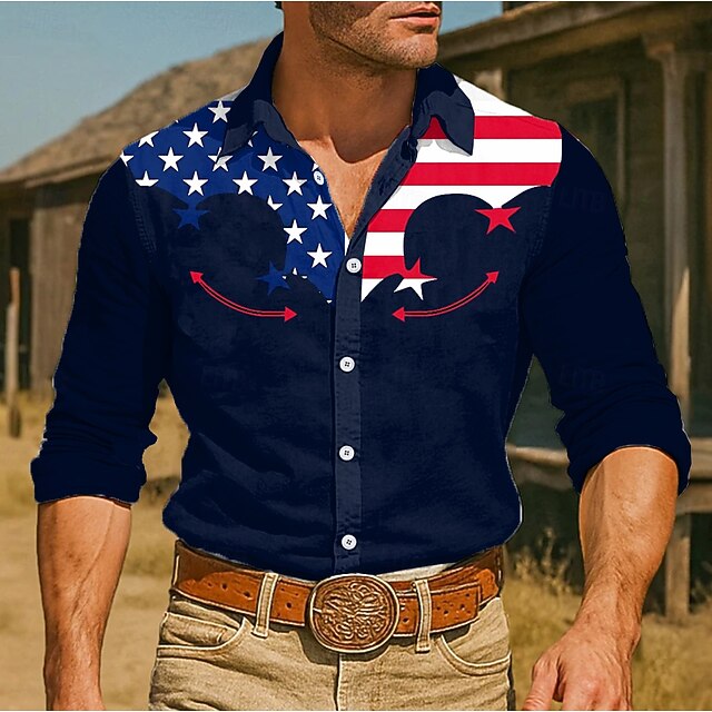 Men's American US Flag Patriotic Shirt Western Shirt Cowboy Shirt Long Sleeve Vintage Retro Outdoor Casual WorkWear Spring Fall Turndown 3D Print Linen Like Shirt Dark Blue4