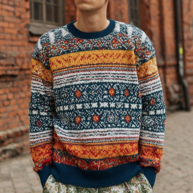 Christmas Men's Geometric Fair isle Sweater Pullover Sweater Jumper Knitwear Crewneck Casual Vacation Daily Festival 3D Print Keep Warm Long Sleeve Spring Fall Winter Green4