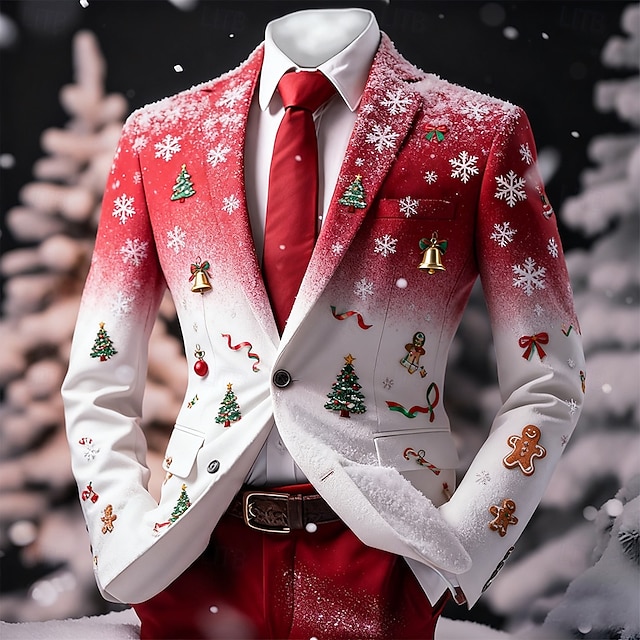  Pánské Blejzr Kabát Vánoce Venkovní Ležérní Běžné Denní Podzim zima 100% polyester Vánoční stromek Sněhová vločka 3D tisk Knoflíky Zahřívací Pohodlné Jednořadé Blejzr Černá Rubínově červená