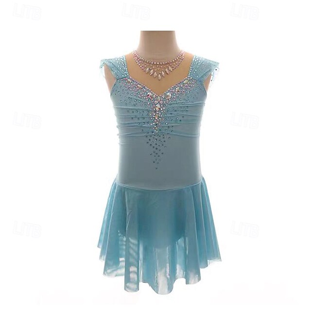 Figure Skating Dress Women's Girls' Ice Skating Dress Green Patchwork Open Back Mesh Spandex Stretchy Training Practice Professional Skating Wear Thermal Warm Crystal / Rhinestone Sleeveless Ice3