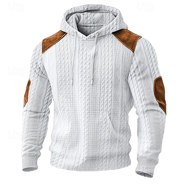 Men's Jacquard Hoodie Pullover Hoodie Sweatshirt White Hooded Plain Patchwork Color Block Textured Sports & Outdoor Casual Daily Streetwear Cool Sportswear Fall Spring &  Fall Clothing Apparel Hoodies4