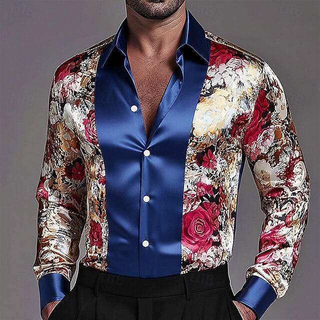 Men's Floral Print Rose Flowers Shirt Satin Shirt Dress Shirt Long ...